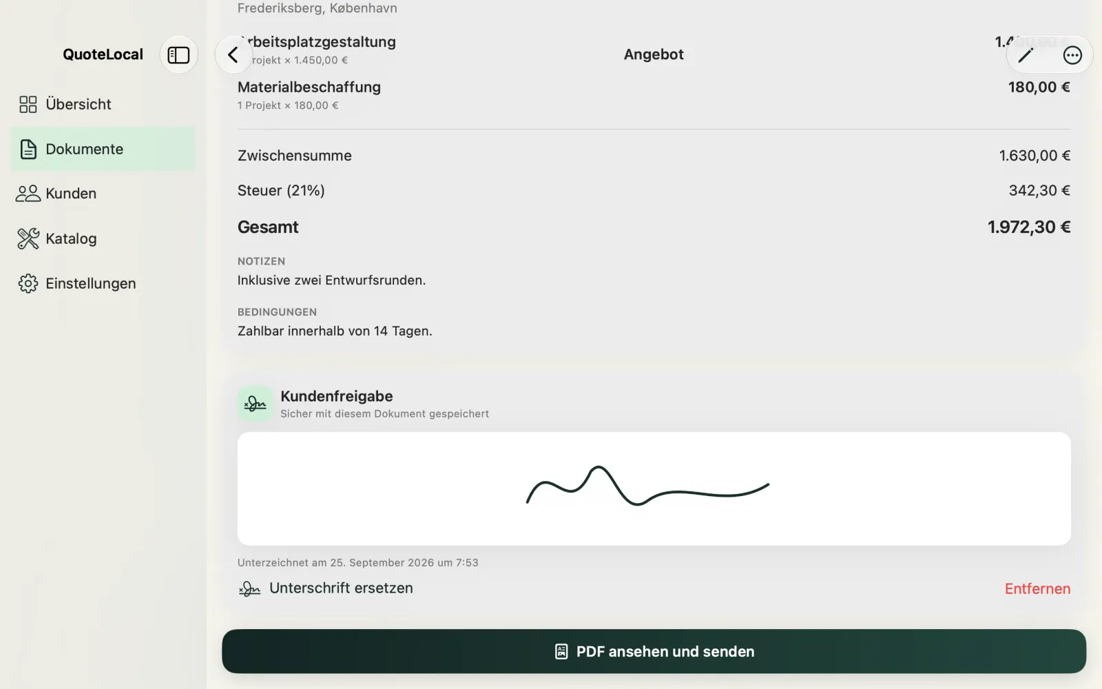 Angebot in QuoteLocal für Mac mit Freigabe und Unterschrift