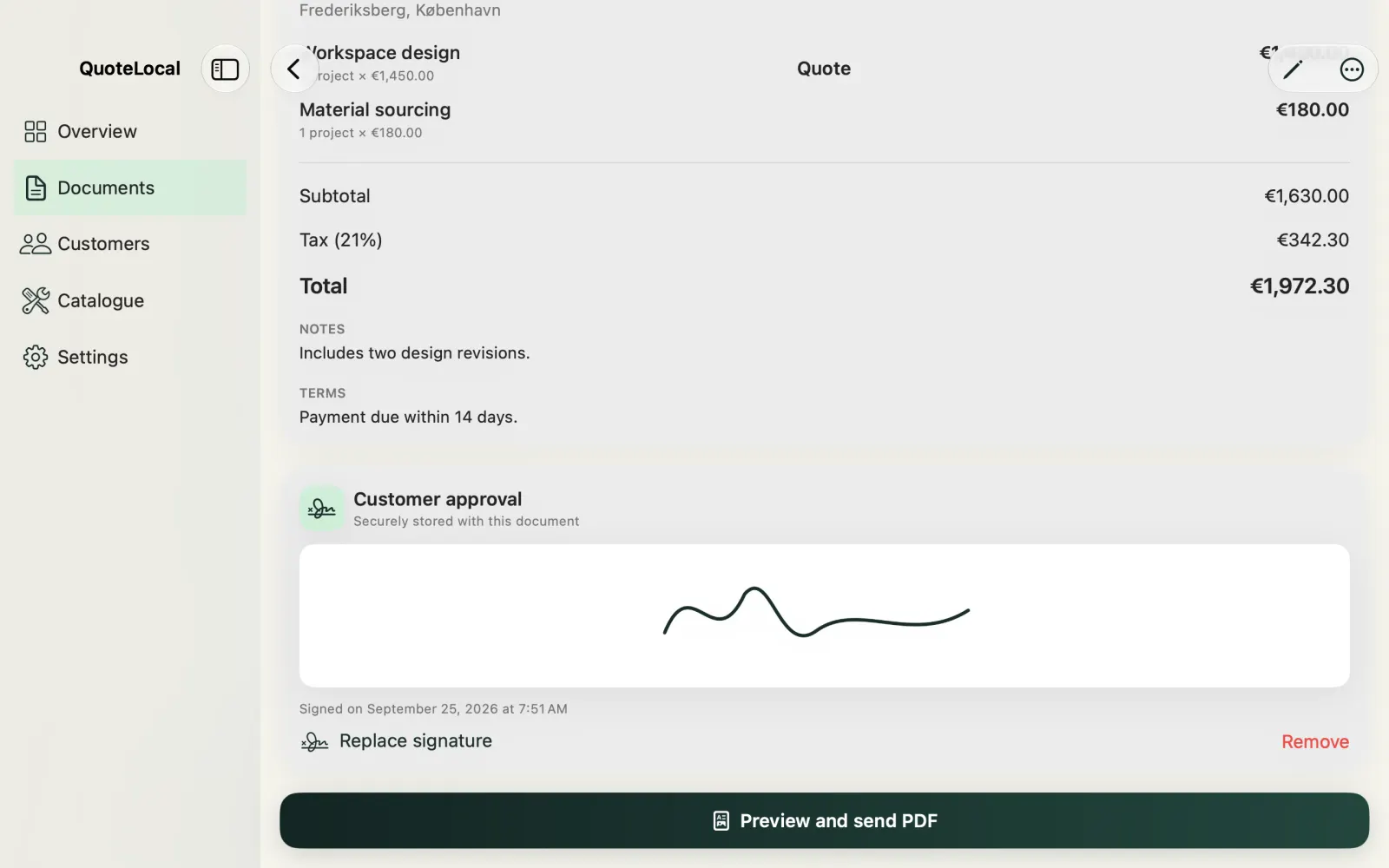 QuoteLocal Mac quote showing customer approval and signature