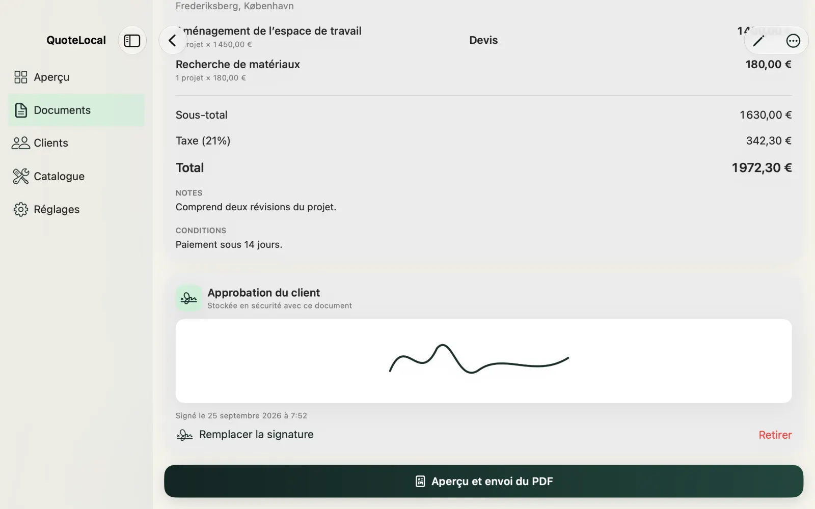 Devis dans QuoteLocal pour Mac montrant la validation et la signature du client