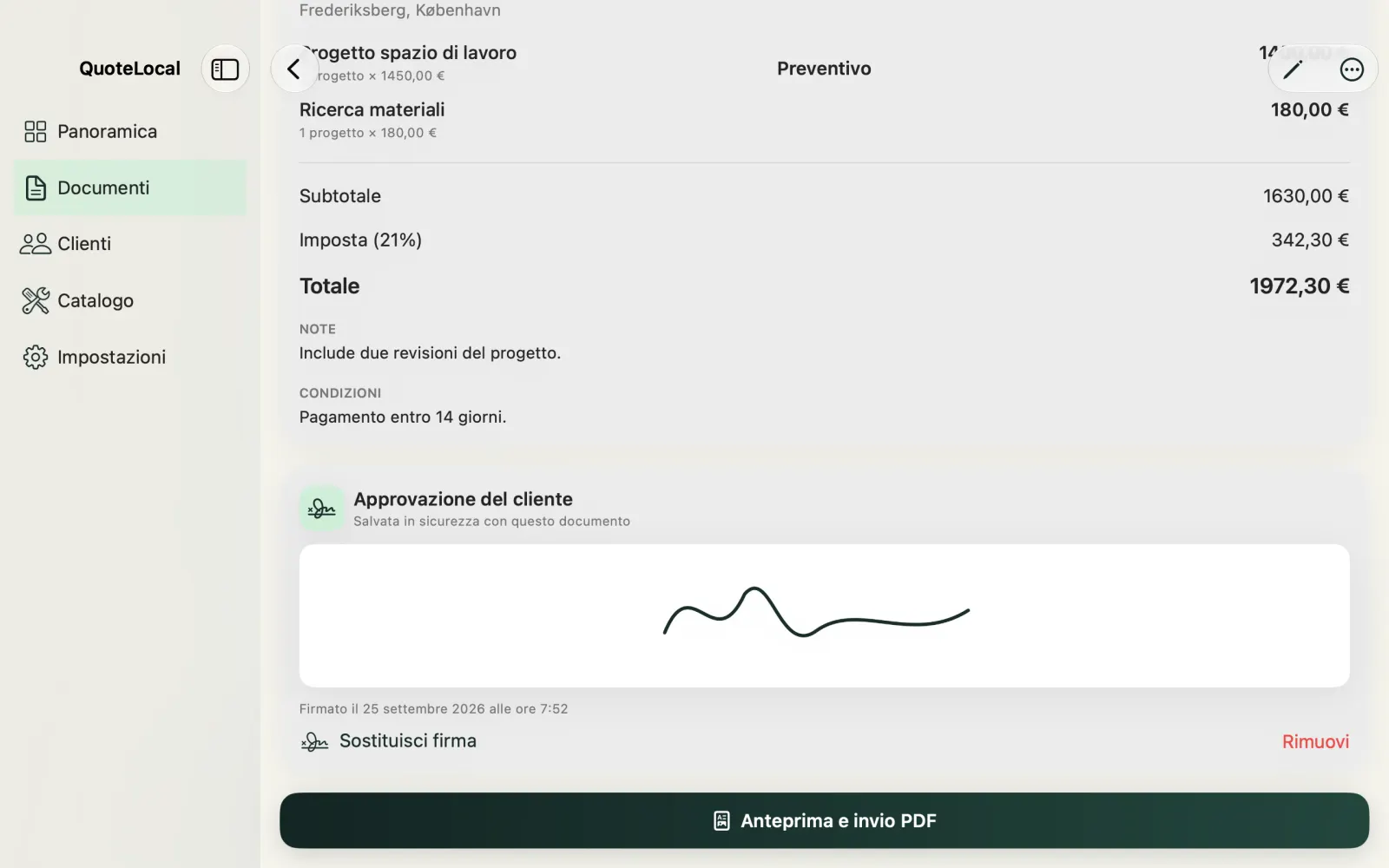 Preventivo su QuoteLocal per Mac con approvazione e firma del cliente