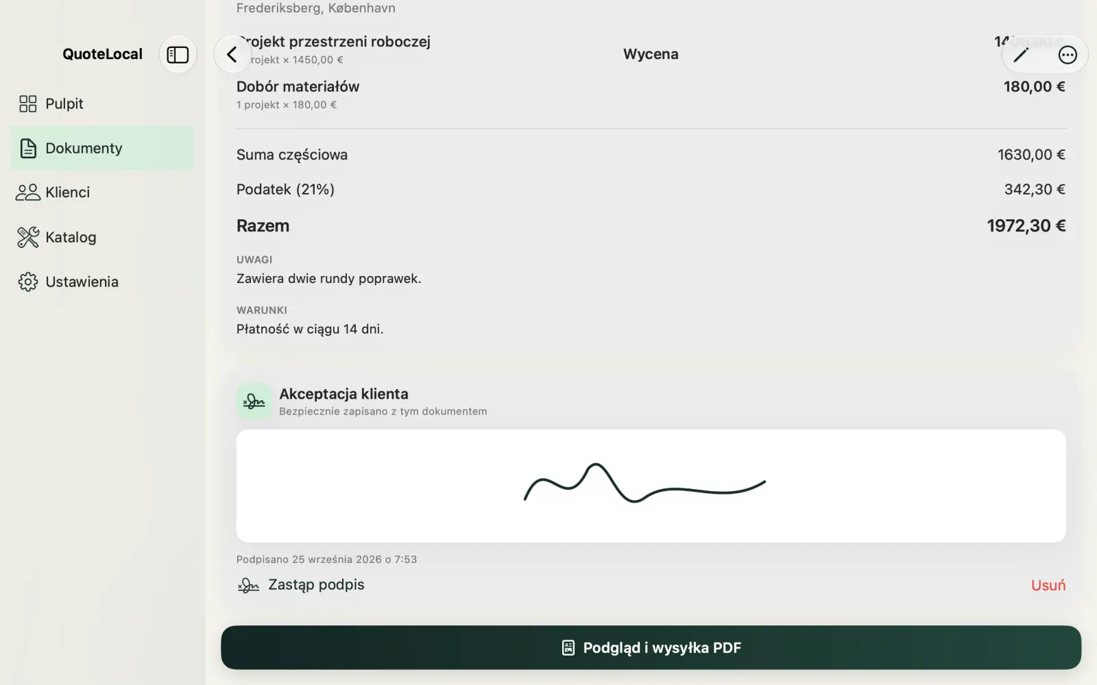 Wycena w QuoteLocal na Maca z akceptacją i podpisem klienta