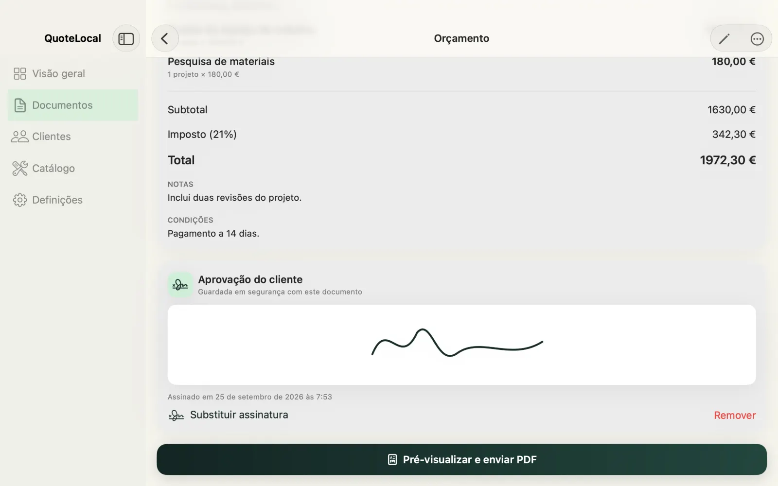 Orçamento no QuoteLocal para Mac com aprovação e assinatura do cliente