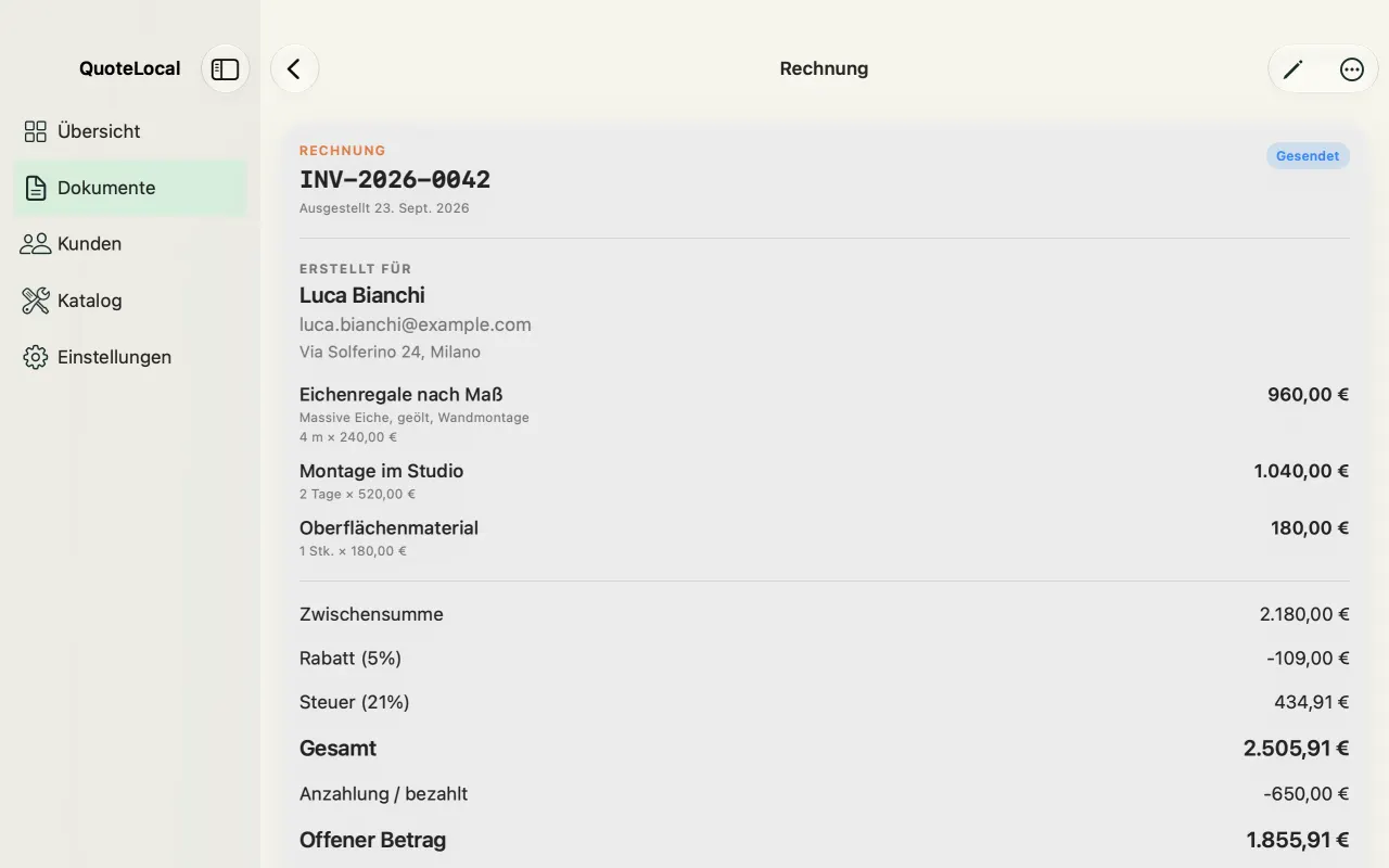Rechnungsansicht in QuoteLocal für Mac mit Positionen und Gesamtbetrag