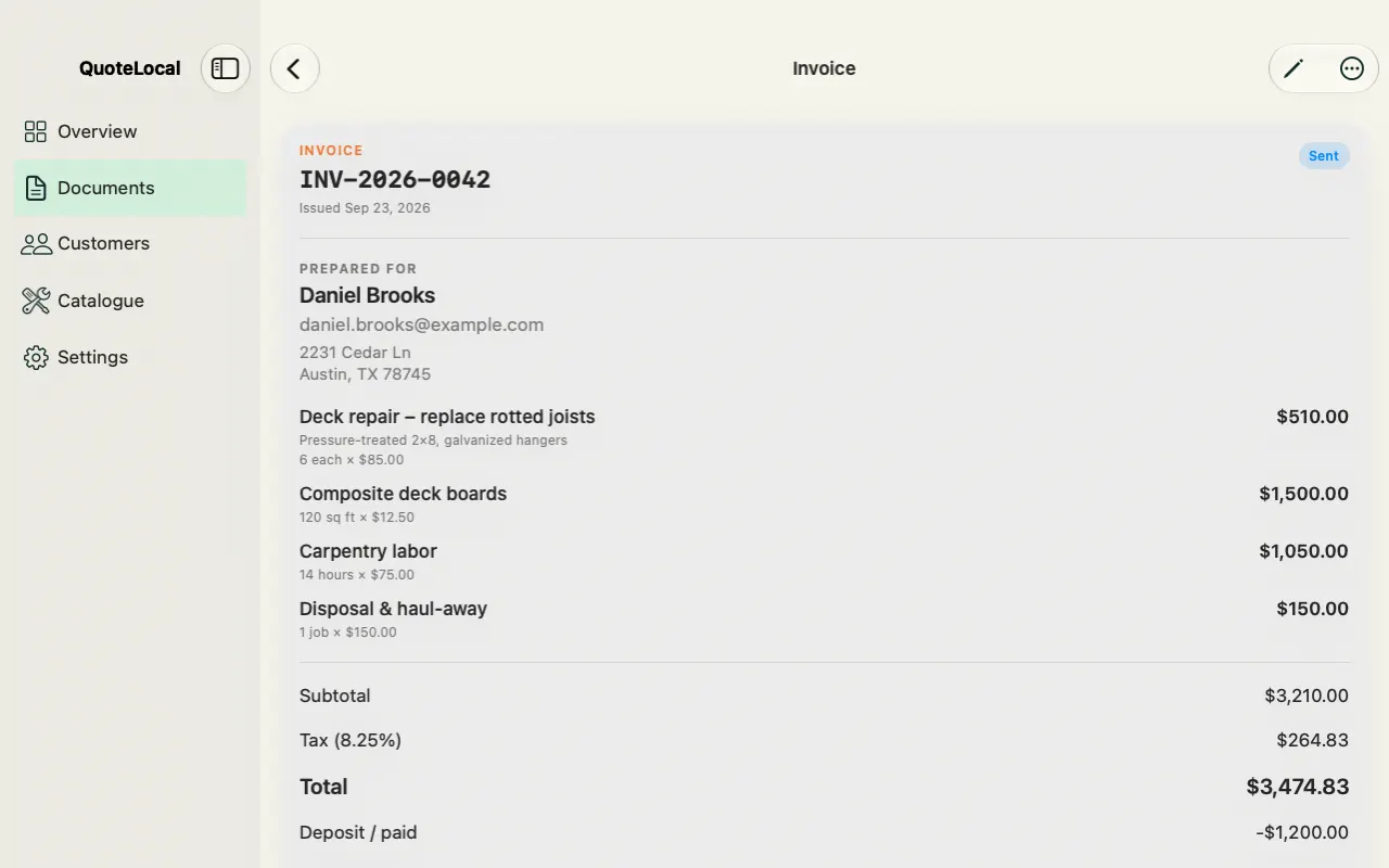 QuoteLocal Mac invoice detail with line items and totals