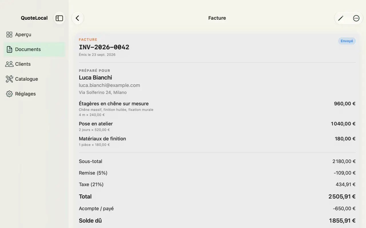Détail d’une facture dans QuoteLocal pour Mac avec lignes et total