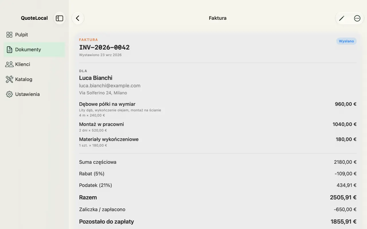 Szczegóły faktury w QuoteLocal na Maca z pozycjami i sumą